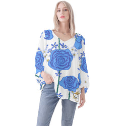 DzThreaDz. Blue Flower Women Long Sleeve Puff Sleeve Blouse