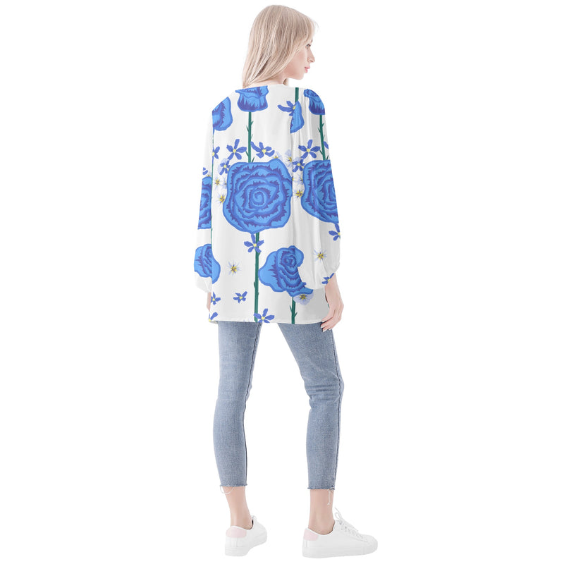 DzThreaDz. Blue Flower Women Long Sleeve Puff Sleeve Blouse