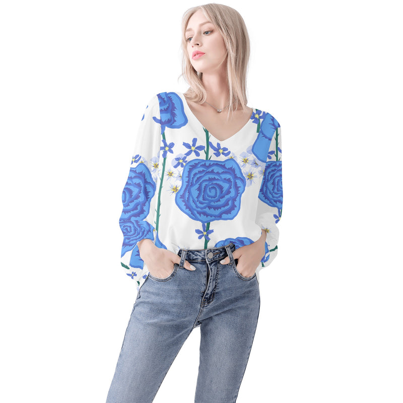 DzThreaDz. Blue Flower Women Long Sleeve Puff Sleeve Blouse