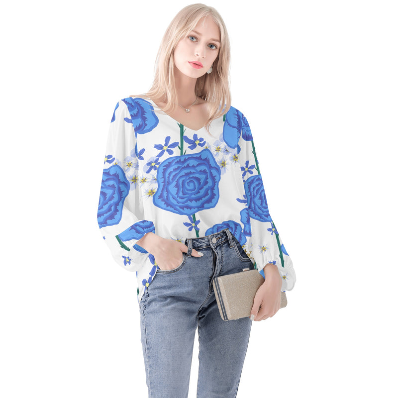 DzThreaDz. Blue Flower Women Long Sleeve Puff Sleeve Blouse