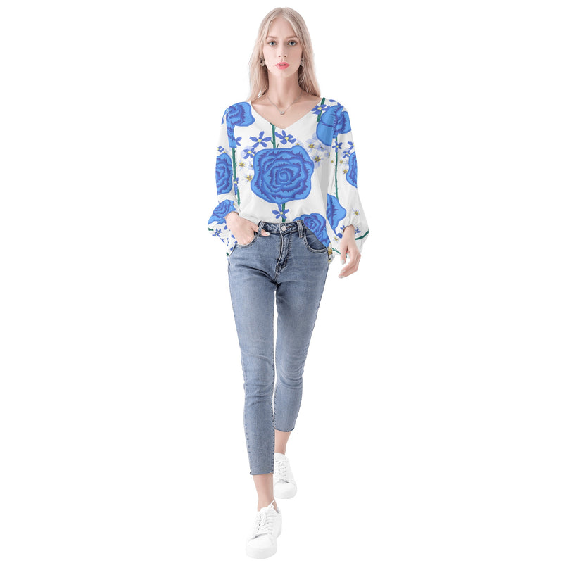 DzThreaDz. Blue Flower Women Long Sleeve Puff Sleeve Blouse