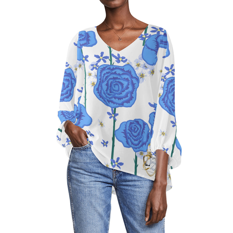 DzThreaDz. Blue Flower Women Long Sleeve Puff Sleeve Blouse