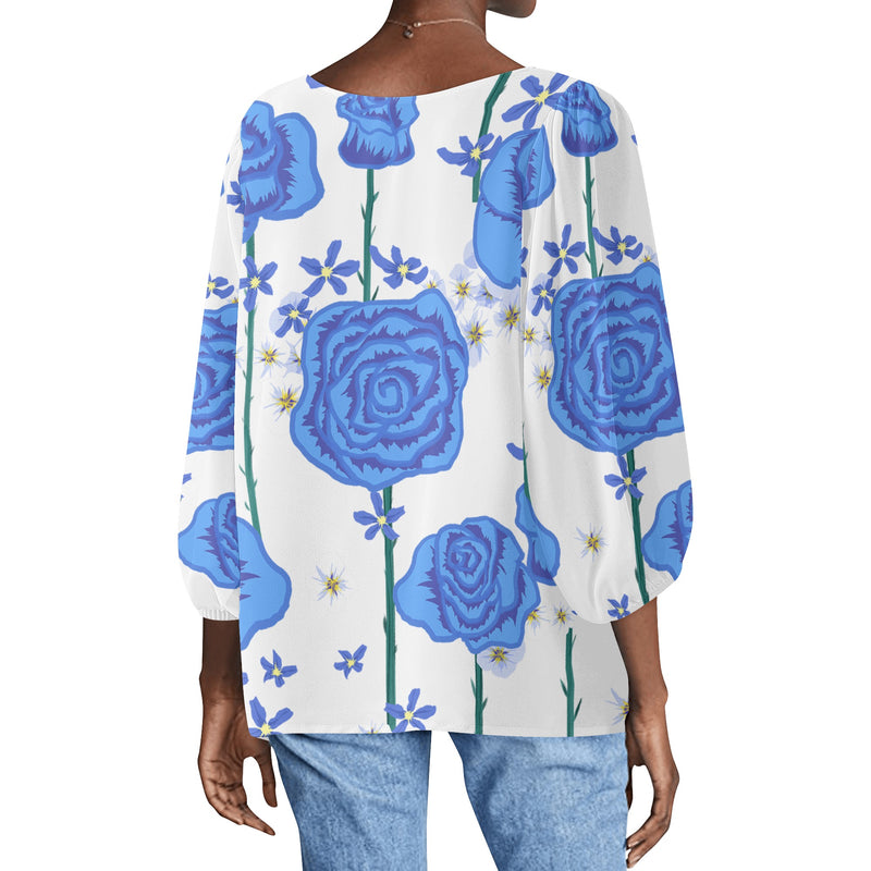 DzThreaDz. Blue Flower Women Long Sleeve Puff Sleeve Blouse